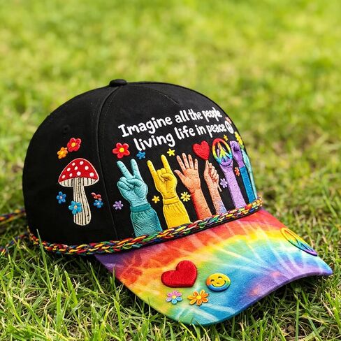 Peace Graphic Print Hat, Imagine All The People Living Life in Peace Rainbow Hat, Hat Peace Sign Cap for Outdoor & Daily Wear, Unisex Adult Peace Lovers in Saudi Arabia