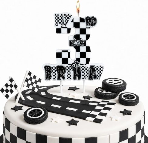 Fast Three Candle, Checkered Flag 3rd Birthday Candle, Race Car Theme Number 3 Cake Topper, Black White Racing Party Supplies (Number 3) in Kuwait