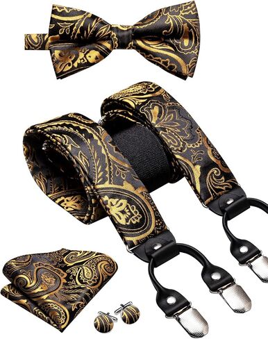 Hi-Tie Black Gold Mens Suspenders Bowtie Set Floral Suspenders Pre-tied Bow Tie Pocket Square Cufflinks Adjustable Y Shape 6 Clips Braces Tuxedo in Kuwait