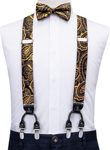 Hi-Tie Black Gold Mens Suspenders Bowtie Set Floral Suspenders Pre-tied Bow Tie Pocket Square Cufflinks Adjustable Y Shape 6 Clips Braces Tuxedo in Kuwait