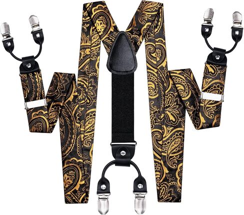 Hi-Tie Black Gold Mens Suspenders Bowtie Set Floral Suspenders Pre-tied Bow Tie Pocket Square Cufflinks Adjustable Y Shape 6 Clips Braces Tuxedo in Kuwait