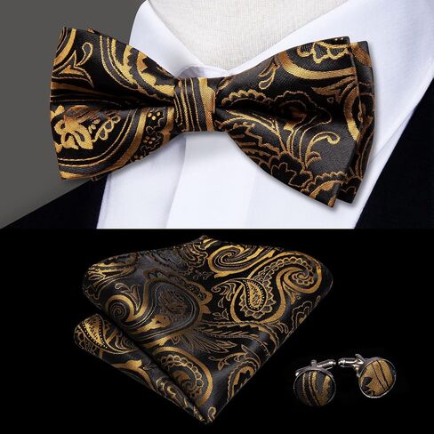 Hi-Tie Black Gold Mens Suspenders Bowtie Set Floral Suspenders Pre-tied Bow Tie Pocket Square Cufflinks Adjustable Y Shape 6 Clips Braces Tuxedo in Kuwait