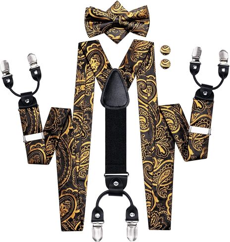 Hi-Tie Black Gold Mens Suspenders Bowtie Set Floral Suspenders Pre-tied Bow Tie Pocket Square Cufflinks Adjustable Y Shape 6 Clips Braces Tuxedo in Kuwait