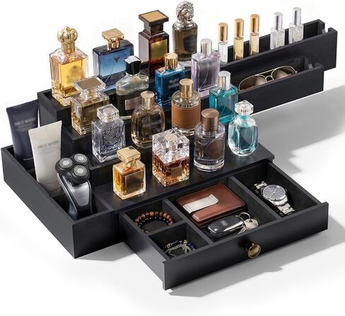 Cologne Organizer for Men, 4-Tier Wooden Perfume Stand with 3 Velvet Lining Drawers, Large Capacity Fragrance Storage Shelf for Dresser, Ideal Gift for Birthday Father's Day, Black in Saudi Arabia