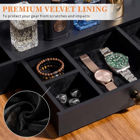 Cologne Organizer for Men, 4-Tier Wooden Perfume Stand with 3 Velvet Lining Drawers, Large Capacity Fragrance Storage Shelf for Dresser, Ideal Gift for Birthday Father's Day, Black in Saudi Arabia