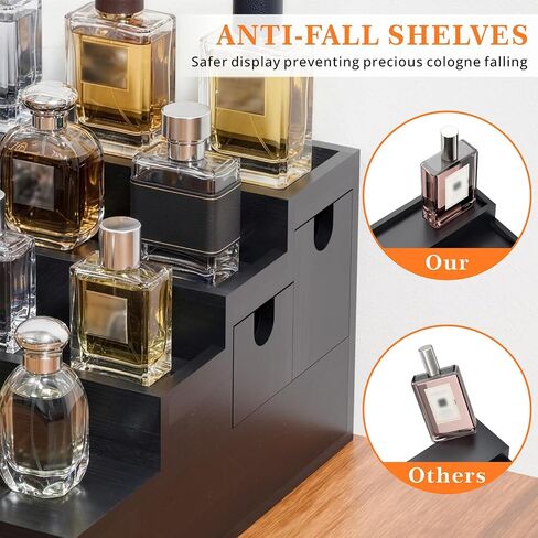 Cologne Organizer for Men, 4-Tier Wooden Perfume Stand with 3 Velvet Lining Drawers, Large Capacity Fragrance Storage Shelf for Dresser, Ideal Gift for Birthday Father's Day, Black in Saudi Arabia