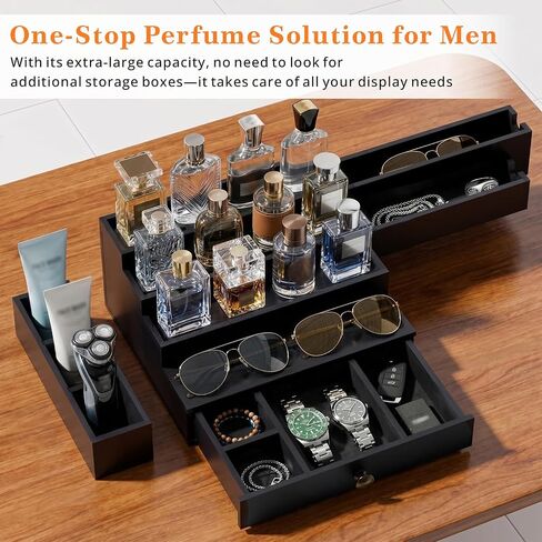 Cologne Organizer for Men, 4-Tier Wooden Perfume Stand with 3 Velvet Lining Drawers, Large Capacity Fragrance Storage Shelf for Dresser, Ideal Gift for Birthday Father's Day, Black in Saudi Arabia