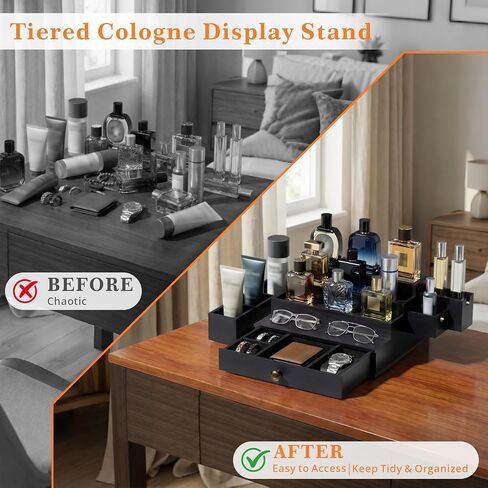 Cologne Organizer for Men, 4-Tier Wooden Perfume Stand with 3 Velvet Lining Drawers, Large Capacity Fragrance Storage Shelf for Dresser, Ideal Gift for Birthday Father's Day, Black in Saudi Arabia