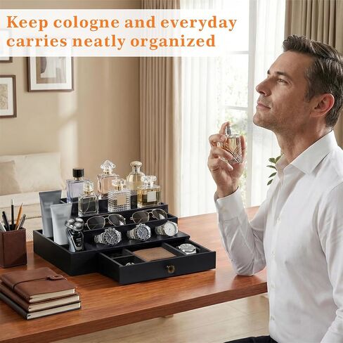 Cologne Organizer for Men, 4-Tier Wooden Perfume Stand with 3 Velvet Lining Drawers, Large Capacity Fragrance Storage Shelf for Dresser, Ideal Gift for Birthday Father's Day, Black in Saudi Arabia