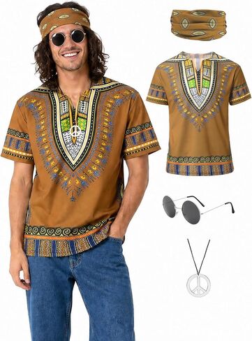 Mens 60s 70s Outfits 4 PCS Hippie Comples Colorful T-Shirt Accessories for theme party in Kuwait