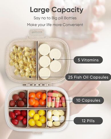 Personal Pill Organizers 8 Compartment Travel Portable Pill Box Khaki Daily Vitamin Medicine Container for Pocket Purse (Khaki) in Kuwait