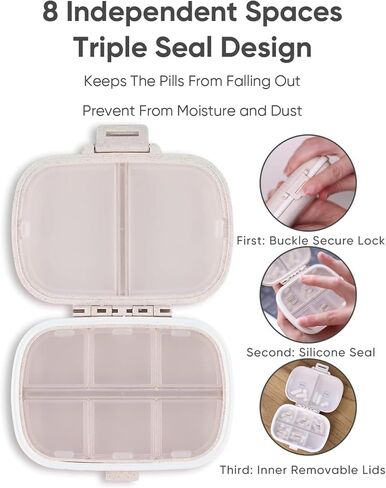 Personal Pill Organizers 8 Compartment Travel Portable Pill Box Khaki Daily Vitamin Medicine Container for Pocket Purse (Khaki) in Kuwait