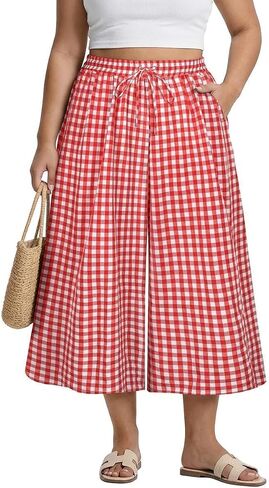 TIYOMI Plus Size Pants for Women Wide Leg Gingham/Stripe Capris Summer Beach Vacation Palazzo Trouser with Pockets XL-5XL in Kuwait
