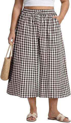 TIYOMI Plus Size Pants for Women Wide Leg Gingham/Stripe Capris Summer Beach Vacation Palazzo Trouser with Pockets XL-5XL in Kuwait
