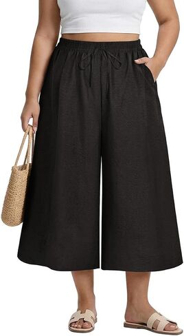 TIYOMI Plus Size Pants for Women Wide Leg Gingham/Stripe Capris Summer Beach Vacation Palazzo Trouser with Pockets XL-5XL in Kuwait