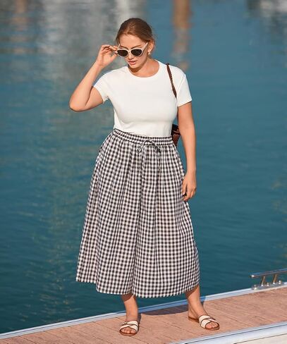 TIYOMI Plus Size Pants for Women Wide Leg Gingham/Stripe Capris Summer Beach Vacation Palazzo Trouser with Pockets XL-5XL in Kuwait