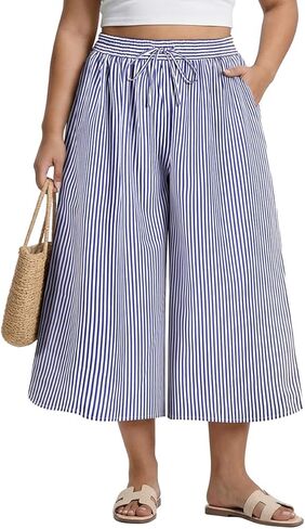 TIYOMI Plus Size Pants for Women Wide Leg Gingham/Stripe Capris Summer Beach Vacation Palazzo Trouser with Pockets XL-5XL in Kuwait