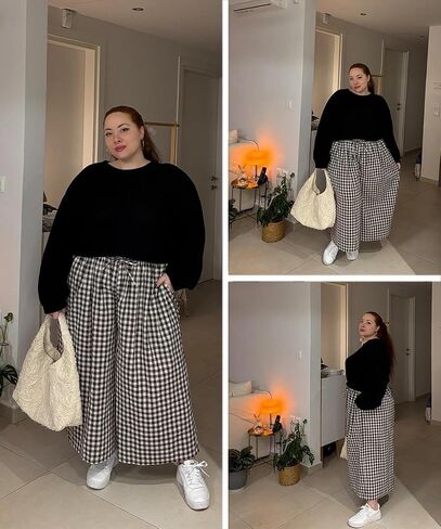 TIYOMI Plus Size Pants for Women Wide Leg Gingham/Stripe Capris Summer Beach Vacation Palazzo Trouser with Pockets XL-5XL in Kuwait