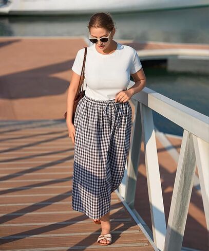 TIYOMI Plus Size Pants for Women Wide Leg Gingham/Stripe Capris Summer Beach Vacation Palazzo Trouser with Pockets XL-5XL in Kuwait