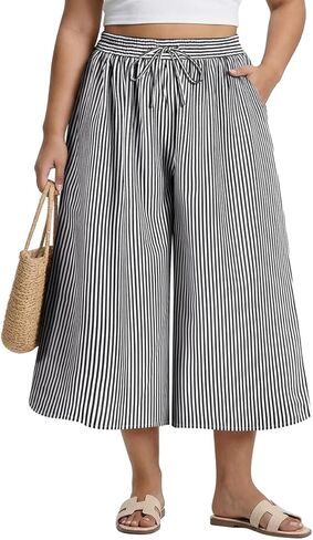 TIYOMI Plus Size Pants for Women Wide Leg Gingham/Stripe Capris Summer Beach Vacation Palazzo Trouser with Pockets XL-5XL in Kuwait