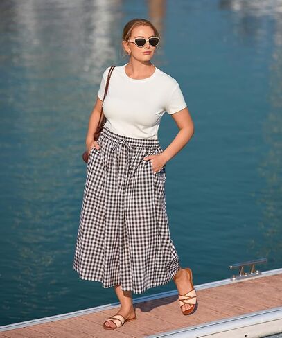 TIYOMI Plus Size Pants for Women Wide Leg Gingham/Stripe Capris Summer Beach Vacation Palazzo Trouser with Pockets XL-5XL in Kuwait
