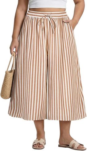 TIYOMI Plus Size Pants for Women Wide Leg Gingham/Stripe Capris Summer Beach Vacation Palazzo Trouser with Pockets XL-5XL in Kuwait