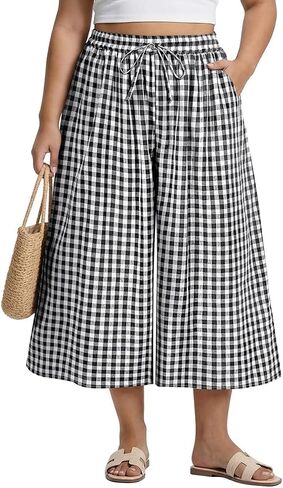 TIYOMI Plus Size Pants for Women Wide Leg Gingham/Stripe Capris Summer Beach Vacation Palazzo Trouser with Pockets XL-5XL in Kuwait