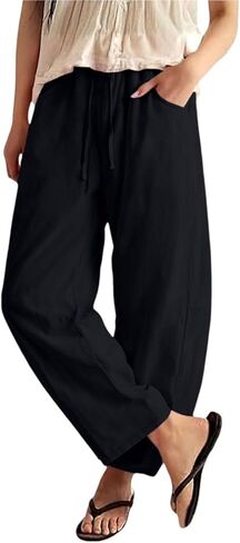 Linen Barrel Pants Women Wide Leg Palazzo Cotton Drawstring Capris Casual Summer Beach Vacation Boho Baggy Trousers in Saudi Arabia