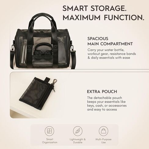 Black Mini Mesh Duffle Bag with Attached Coin Purse, Small Mesh Duffel Bag with Adjustable Shoulder Strap, Top Handles, Lightweight Everyday Travel Bag for Women in Saudi Arabia