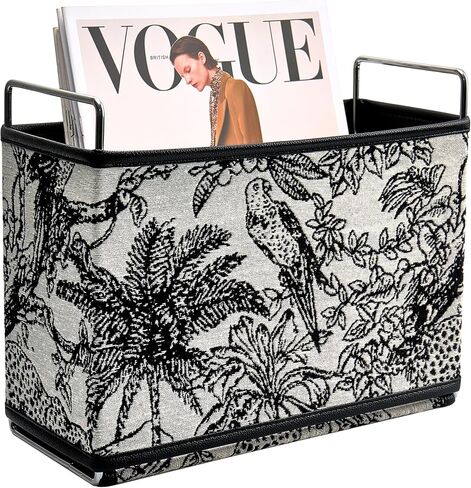 Jungle Theme Magazine Holder - Black & White Embroidered Fabric Magazine Rack Floor, Vintage Faux Leather Newspaper Book Basket Box for Bathroom, Living Room and Toilet (Random Pattern) in Saudi Arabia