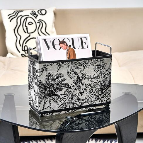 Jungle Theme Magazine Holder - Black & White Embroidered Fabric Magazine Rack Floor, Vintage Faux Leather Newspaper Book Basket Box for Bathroom, Living Room and Toilet (Random Pattern) in Saudi Arabia