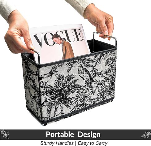 Jungle Theme Magazine Holder - Black & White Embroidered Fabric Magazine Rack Floor, Vintage Faux Leather Newspaper Book Basket Box for Bathroom, Living Room and Toilet (Random Pattern) in Saudi Arabia