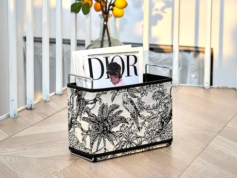 Jungle Theme Magazine Holder - Black & White Embroidered Fabric Magazine Rack Floor, Vintage Faux Leather Newspaper Book Basket Box for Bathroom, Living Room and Toilet (Random Pattern) in Saudi Arabia
