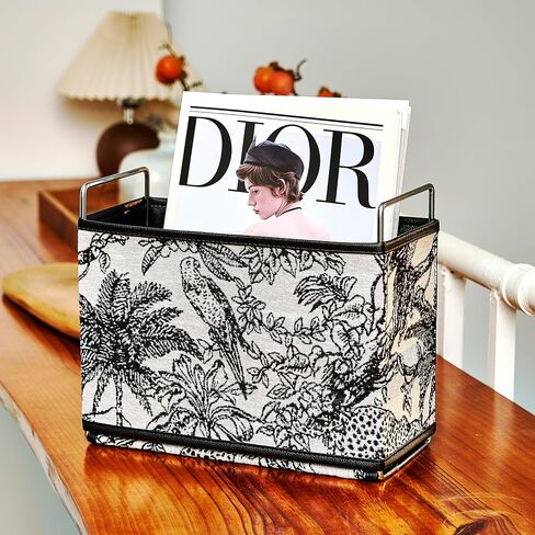 Jungle Theme Magazine Holder - Black & White Embroidered Fabric Magazine Rack Floor, Vintage Faux Leather Newspaper Book Basket Box for Bathroom, Living Room and Toilet (Random Pattern) in Saudi Arabia