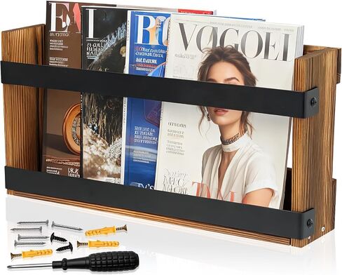 Wood Magazine Rack Wall Mounted & Wall Magazine Rack, Pine Wood Black Metal Wall Magazine Holder for Magazines, Books, Mountable or Freestanding Organizer in Saudi Arabia