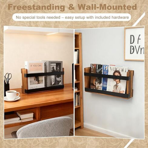 Wood Magazine Rack Wall Mounted & Wall Magazine Rack, Pine Wood Black Metal Wall Magazine Holder for Magazines, Books, Mountable or Freestanding Organizer in Saudi Arabia