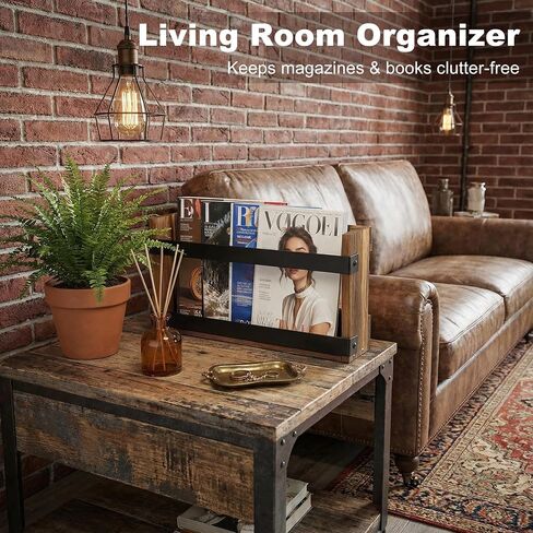 Wood Magazine Rack Wall Mounted & Wall Magazine Rack, Pine Wood Black Metal Wall Magazine Holder for Magazines, Books, Mountable or Freestanding Organizer in Saudi Arabia