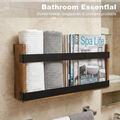 Wood Magazine Rack Wall Mounted & Wall Magazine Rack, Pine Wood Black Metal Wall Magazine Holder for Magazines, Books, Mountable or Freestanding Organizer in Saudi Arabia
