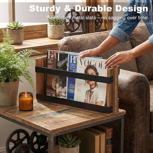 Wood Magazine Rack Wall Mounted & Wall Magazine Rack, Pine Wood Black Metal Wall Magazine Holder for Magazines, Books, Mountable or Freestanding Organizer in Saudi Arabia