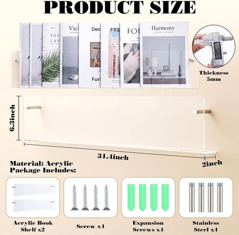 Wesiti 2 Pack 31.4" Acrylic Magazine Holder Rack Brochure Holder Wall Mount, Clear Hanging Floating Bookshelf Literature Storage Shelf Pamphlet Organizer for Waiting Room, Office, Home Display in Kuwait