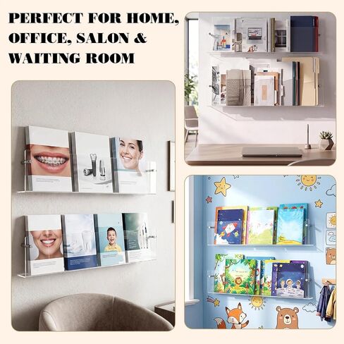 Wesiti 2 Pack 31.4" Acrylic Magazine Holder Rack Brochure Holder Wall Mount, Clear Hanging Floating Bookshelf Literature Storage Shelf Pamphlet Organizer for Waiting Room, Office, Home Display in Kuwait
