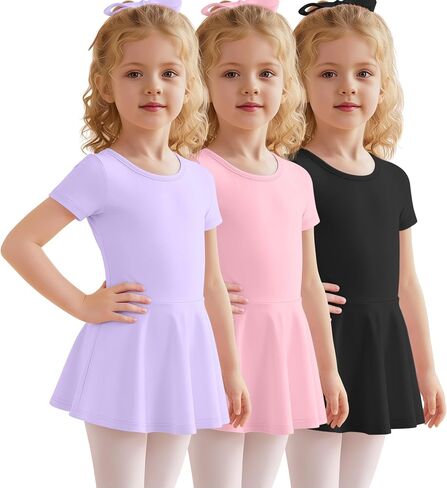 3 Pack Ballet Leotards for Girls Toddlers with Skirt 2T-12Y Short Sleeve Crew Neck Gymnastics Bodysuits Dance Dress in Kuwait