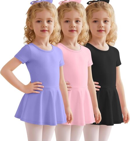 3 Pack Ballet Leotards for Girls Toddlers with Skirt 2T-12Y Short Sleeve Crew Neck Gymnastics Bodysuits Dance Dress in Kuwait