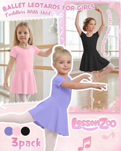 3 Pack Ballet Leotards for Girls Toddlers with Skirt 2T-12Y Short Sleeve Crew Neck Gymnastics Bodysuits Dance Dress in Kuwait
