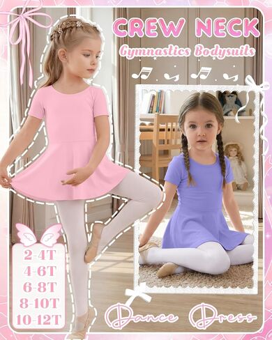 3 Pack Ballet Leotards for Girls Toddlers with Skirt 2T-12Y Short Sleeve Crew Neck Gymnastics Bodysuits Dance Dress in Kuwait
