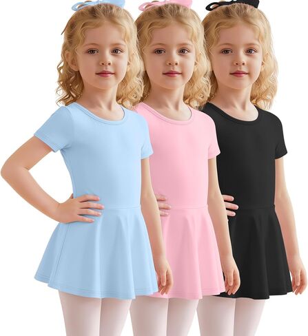 3 Pack Ballet Leotards for Girls Toddlers with Skirt 2T-12Y Short Sleeve Crew Neck Gymnastics Bodysuits Dance Dress in Kuwait