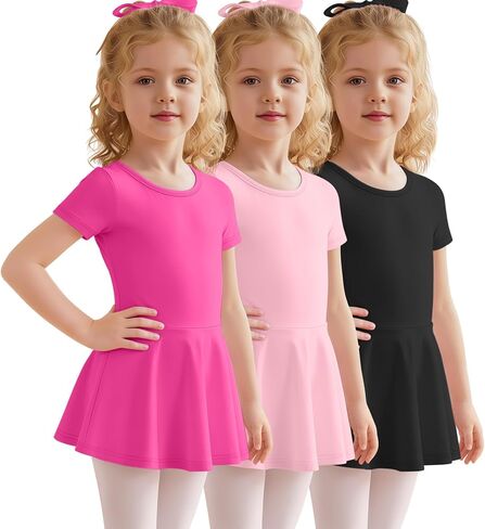 3 Pack Ballet Leotards for Girls Toddlers with Skirt 2T-12Y Short Sleeve Crew Neck Gymnastics Bodysuits Dance Dress in Kuwait