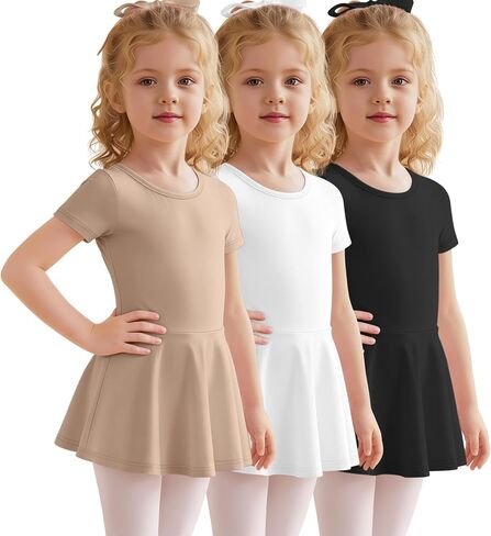 3 Pack Ballet Leotards for Girls Toddlers with Skirt 2T-12Y Short Sleeve Crew Neck Gymnastics Bodysuits Dance Dress in Kuwait