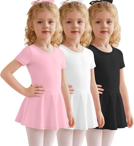 3 Pack Ballet Leotards for Girls Toddlers with Skirt 2T-12Y Short Sleeve Crew Neck Gymnastics Bodysuits Dance Dress in Kuwait