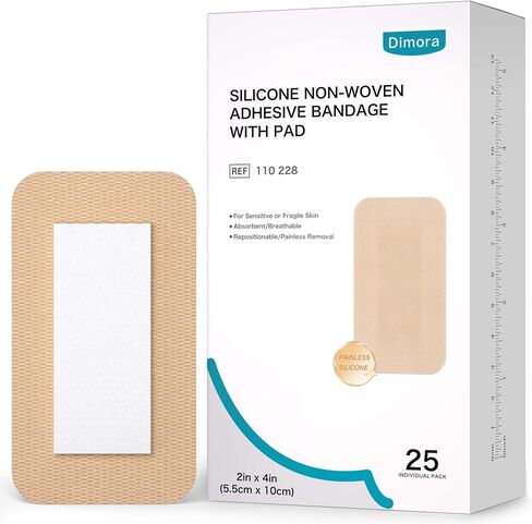 Dimora Silicone Non-Woven Adhesive Bandage with Absorbent Pad, Sterile Dressing 2" x4", Hypoallergenic Latex-Free, Breathable Silicone Bandages for Sensitive Skin & Adhesive Allergy, 25 Count in Kuwait